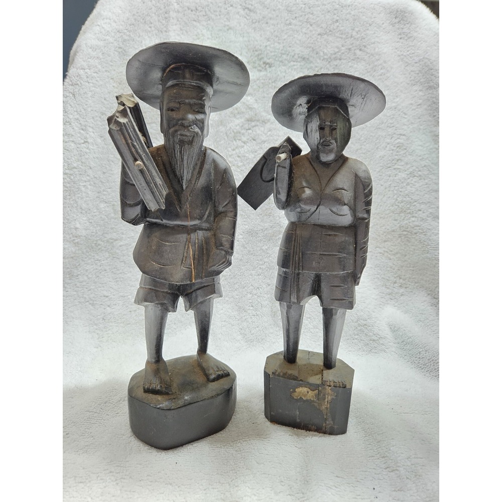 1950s Japanese Figurines Hand Carved Large Hat Fu Manchu Beard Traditional Dress